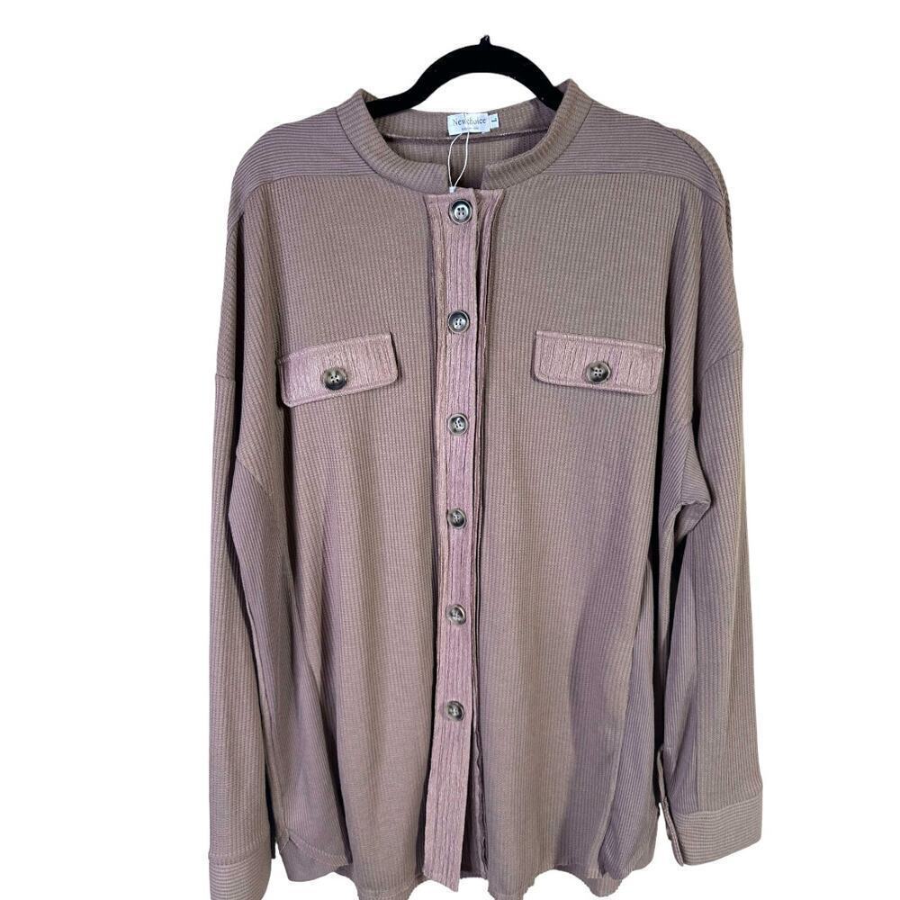 Newchoice Womens Shacket Waffle Fabric Stretch Brown Button Front Size Large